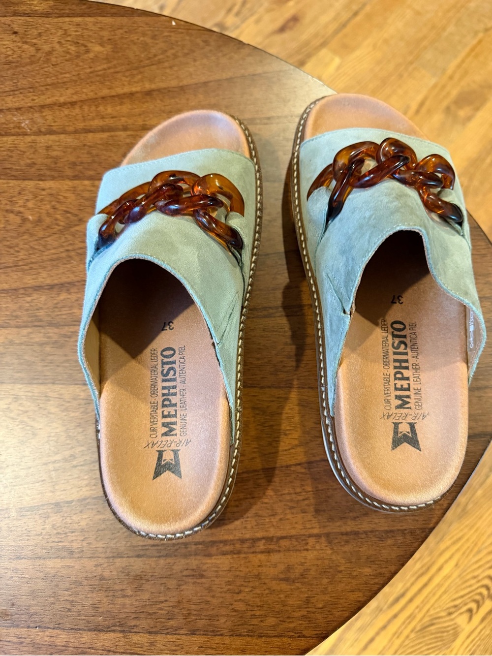 Mephisto Mint Green Suede Slide with Tortoiseshell Chain Accent